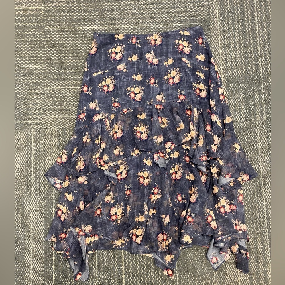 Peruvian Connection Blue Floral Tiered Midi Skirt Size US 8